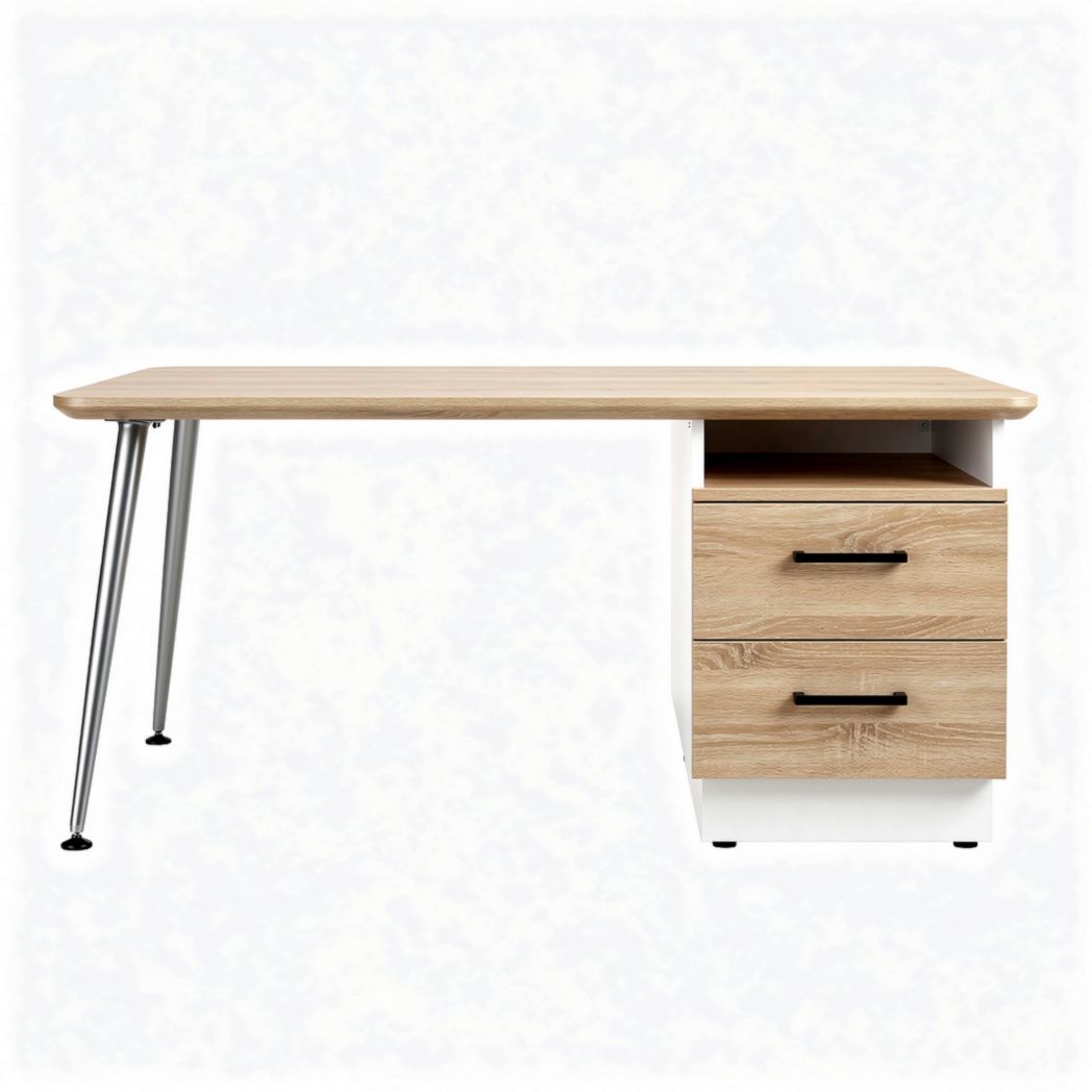 Mesa de escritório em madeira clara com gavetas brancas 150 x 70 x 75cm