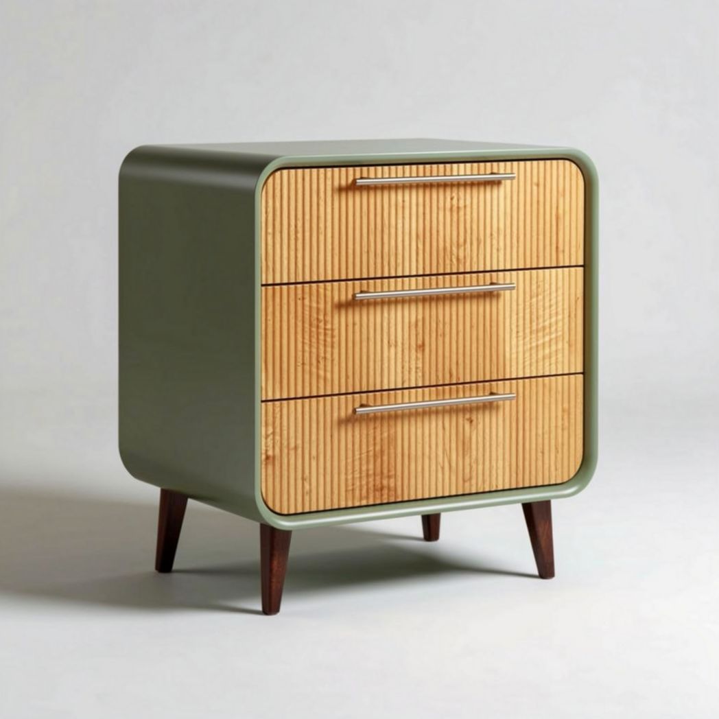 Mesa de cabeceira moderna em madeira com 3 gavetas cor verde e natural 60 x 40 x 50cm