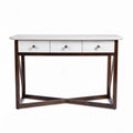 Mesa consola com tampo branco e estrutura em madeira escura 120 x 40 x 76cm