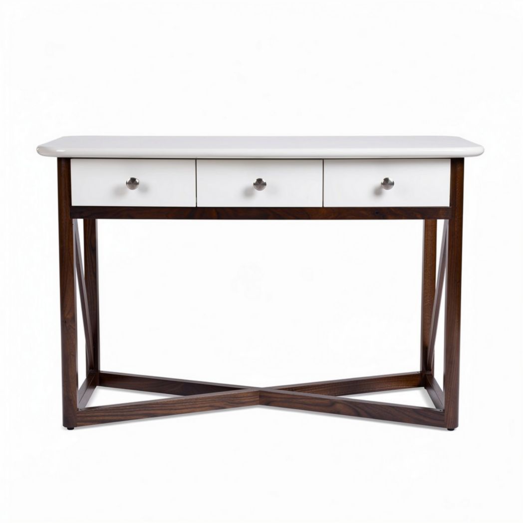 Mesa consola com tampo branco e estrutura em madeira escura 120 x 40 x 76cm