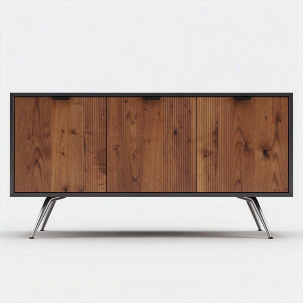 móvel de TV em madeira escura com 3 portas e estrutura metálica 100 x 40 x 60cm