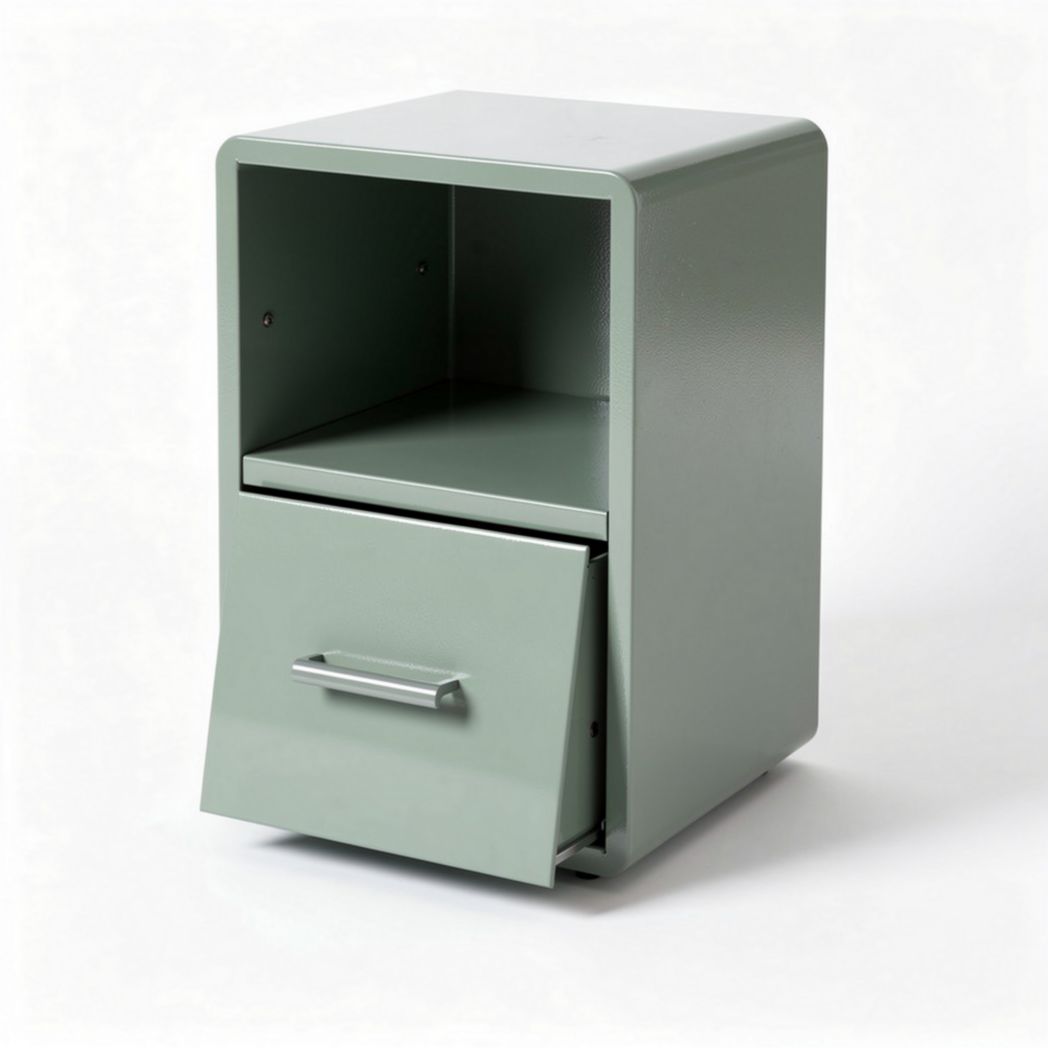 Mesa de cabeceira metálica em verde com dimensões 35 x 30 x 45cm