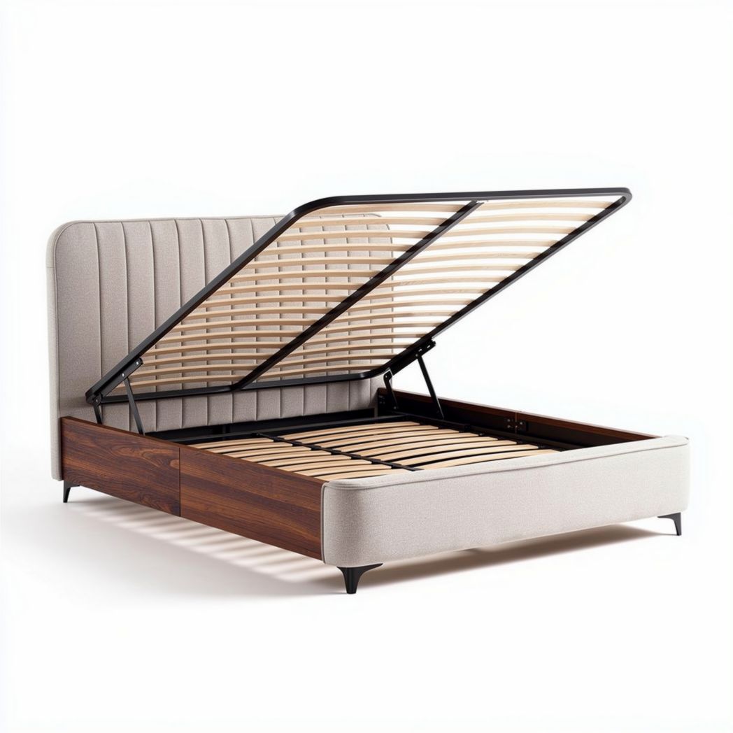 Cama de casal com estrado de madeira e cabeceira estofada cinza 200 x 160 x 90cm