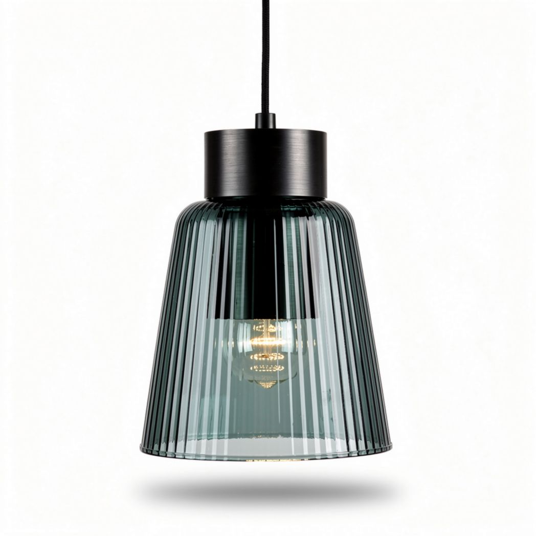Luminária pendente de vidro com design ripado em tom de verde 25 x 25 x 30cm