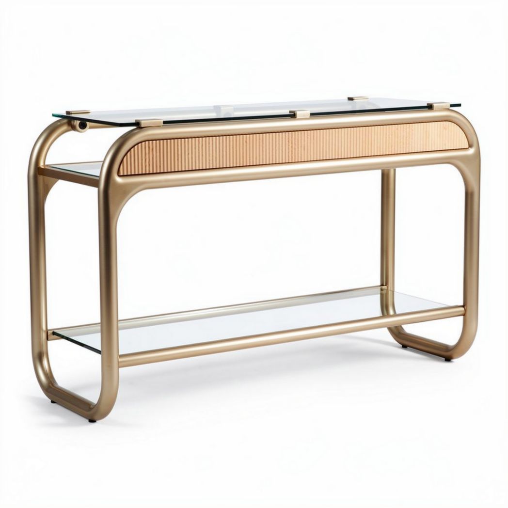 Mesa de console moderna em vidro e metal dourado 120 x 40 x 75cm