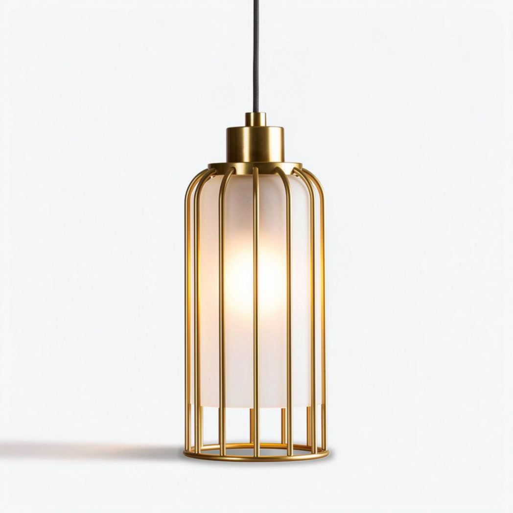 Luminária suspensa em metal dourado com vidro fosco 25 x 25 x 45cm